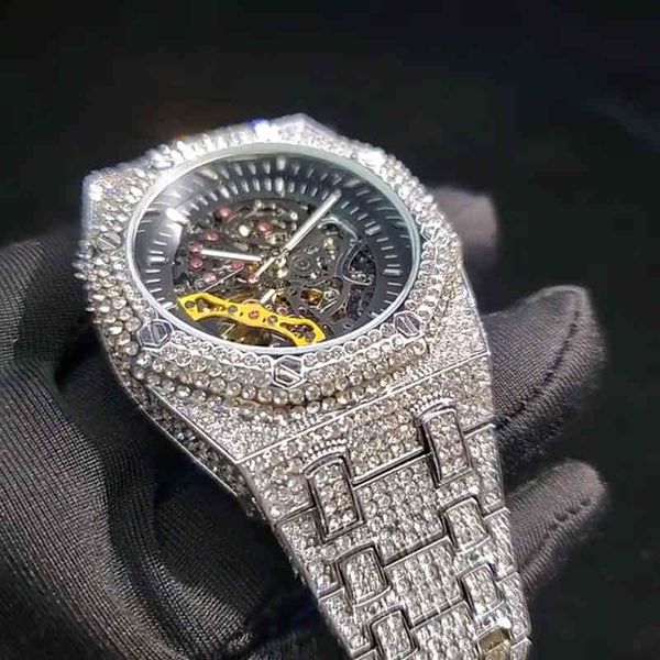 

missfox fashion watch men luxury brand full diamond men's automatic mechanical watch waterproof clock gift relogio masculino, Slivery;brown