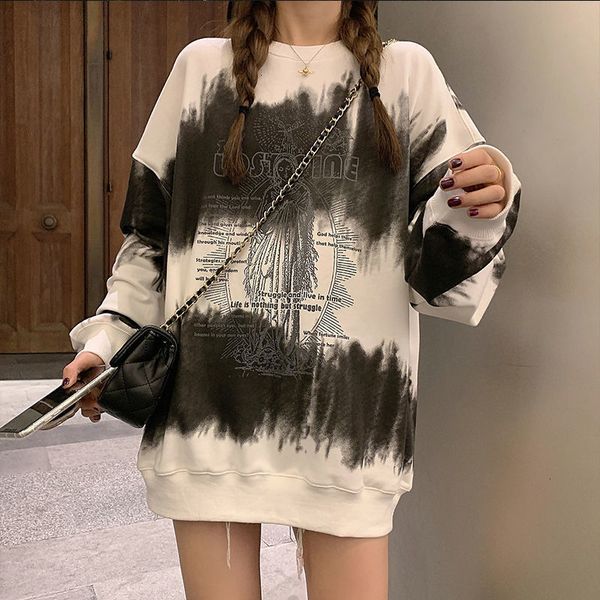 

2021 tie-dye american streetwear sweatshirt mid-length winter new plus veet thick women harajuku hoodies h2fp, Black