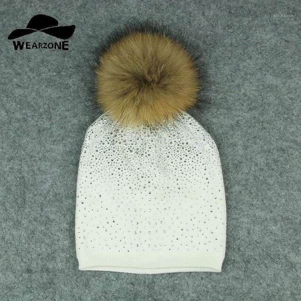 

2021 winter women's warm hats knitted wool casual mask cap crystal solid color ski gorros real raccoon fur pom hat for girls1, Silver