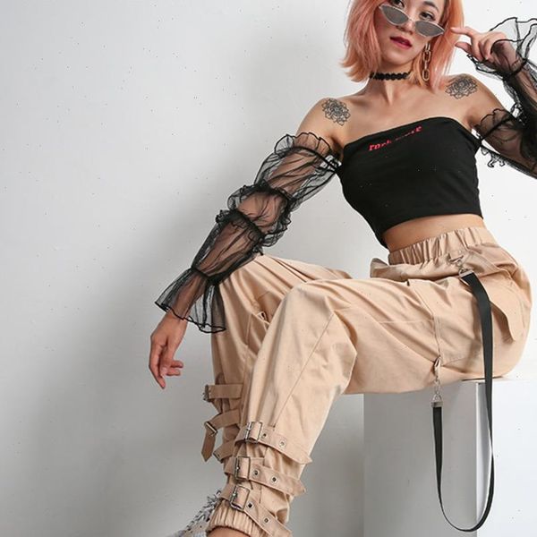 

streetwear khaki casual cargo elastic women pant high waist joggers buttons fashion hip hop long trousers, Black;white