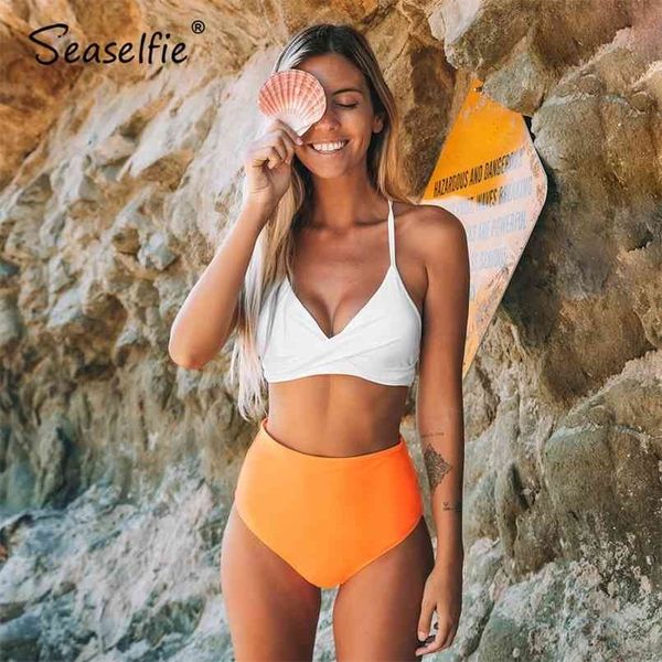 SEASELFIE Solid Weiß und Orange Bikini Sets Sexy High-Waist Gepolsterter Badeanzug Zwei Stücke Bademode Frauen Strand Badeanzüge 210630