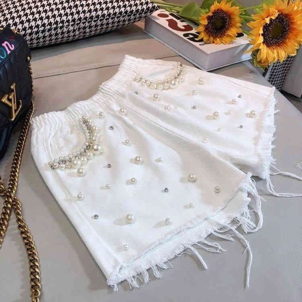 

women's jeans modis pearls beading diamonds denim shorts women high waist white femme elastic cotton wide leg jeans summer y4fe, Blue