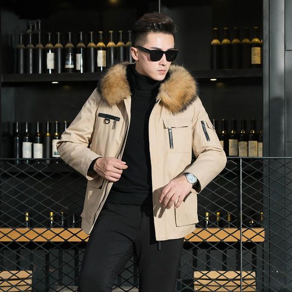 

men's leather & faux real fur coat natural liner parka winter jacket men raccoon collar plus size casaco yc-011 yy794, Black