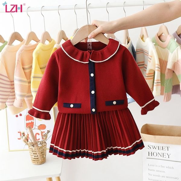 

lzh children clothing for girls sets autumn winter girls clothes cardigan knitting sweater skirts 2pcs suit kids clothes 210225, White