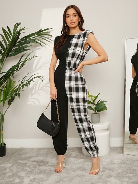 

plaid spliced padded shoulder jumpsuit f3qp#, White