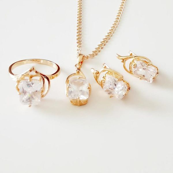 

earrings & necklace dubai luxury women jewelry set 585 rose gold trendy clear cubic zircon ring and earringjewelry sets, Silver