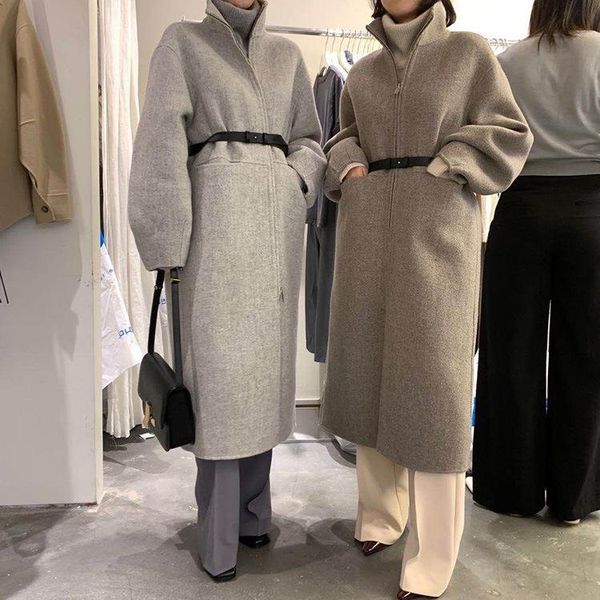 

east new 100% wool gate of set limit to high end collar belt double sided cashmere coat female pure color fur coat, Black