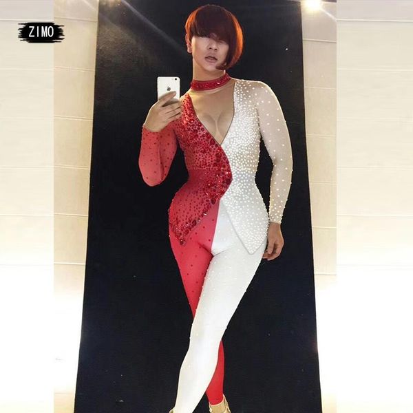 

women's jumpsuits & rompers women red white color matching pearl rhinestone jumpsuit nightclub party singer dj pole dance team latin co, Black;white