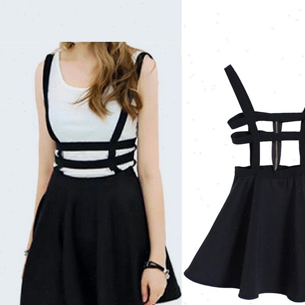 

2021 cute women suspender skirts girl ruffles skater pleated short braces skirt back zipper hollow out skirt femme summer, Black