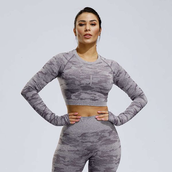 

long fitness sleeve tight camouflage seamless yoga sports dress female, Gray