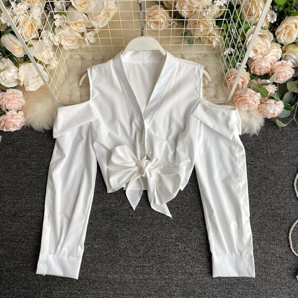 

women off shoulder long sleeve blouse design v neck bow bandage cold shoulder solid white and black shirt female