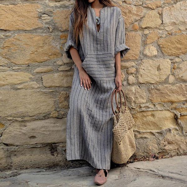 

cotton linen big size womens dresses 5xl large kaftan long sleeve striped women plus maxi boho, Black;gray