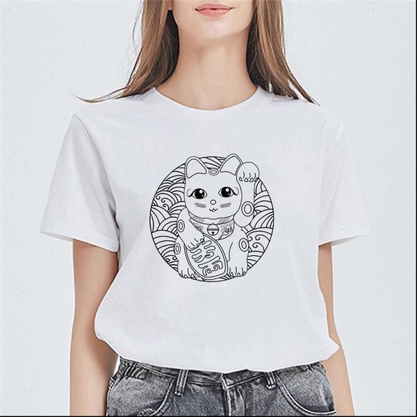 

maneki neko printed summer women t shirts lucky cat harajuku graphic tees female tee streetwear women clothes, White