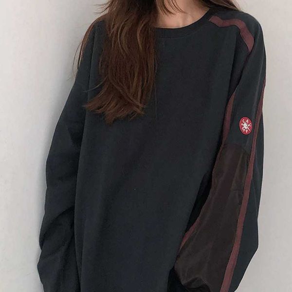 

life cavempt stitched stripe long sleeve day trend men's and women's ce functional round neck loose rib hoodless sweater z89b, White;black