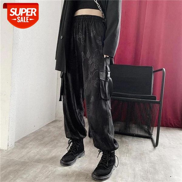 

2020 vintage harajuku retro dragon printed cargo pants women side pocket loose elastic high waist trousers pants black #d547, Black;white