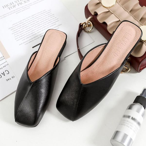 

slippers fashion women square low heels woman's shoes solid color shallow ladies slides 2021 summer elegant casual mules, Black