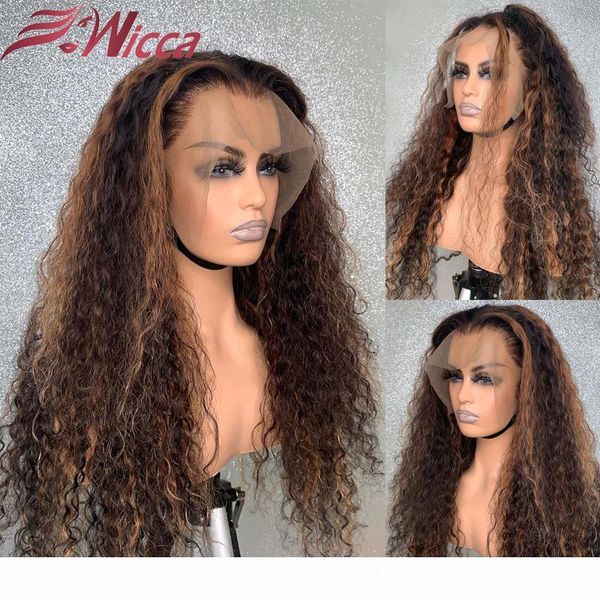 

wicca curly 13x6 lace front wigs human hair wigs with baby hair bleached knots brazilian remy pre-plucked 130% 150% 180% density, Black;brown