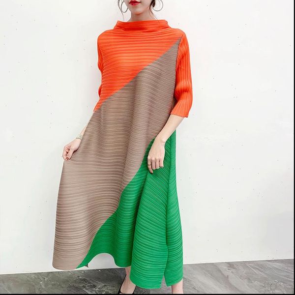 

can ship pleated dress famale 2021 spring summer hit color patchwork half sleeve longuette loose fashion new cloth yj004, Black;gray
