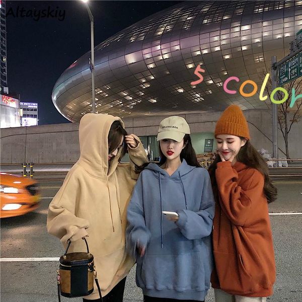 

plus velvet hooded womens korean style pullover hoodies women solid loose 2xl casual chic daily big pocket students sweatshirt, Black