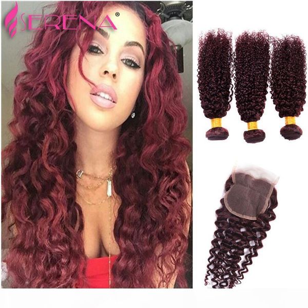 

sale 100g bundles curly weave human hair with closure deep wave #99j red wine remy malaysian curly hair weave 16 18 20 22 24 26 28inch, Black;brown