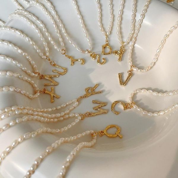 

pendant necklaces french freshwater rice pearl necklace for women simple bamboo texture letters clavicle chain female jewelry, Silver