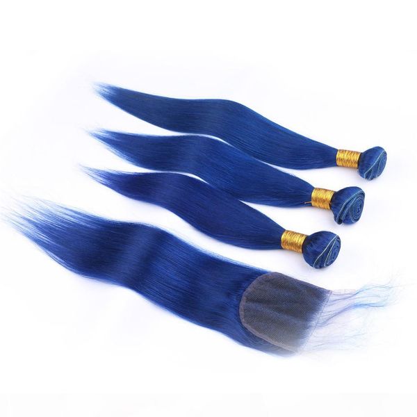 

brazilian dark blue virgin hair weft extensions with lace closure 4x4 silky straight colored blue human hair 3 bundle deals with closure, Black
