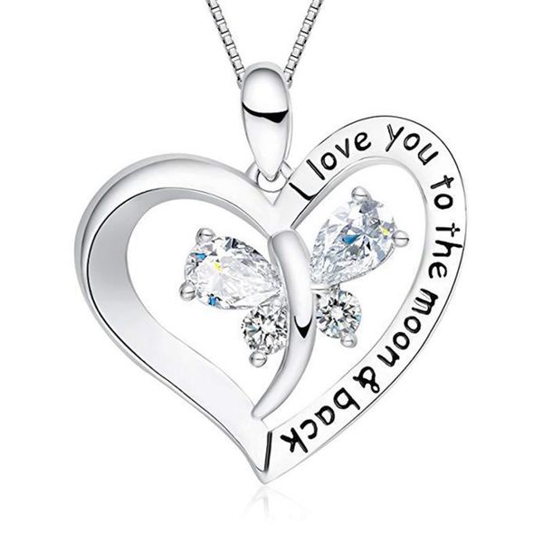 

gift for mom i love you moon and back rose crystal butterfly heart pendant chain necklace mother's day gift, Silver