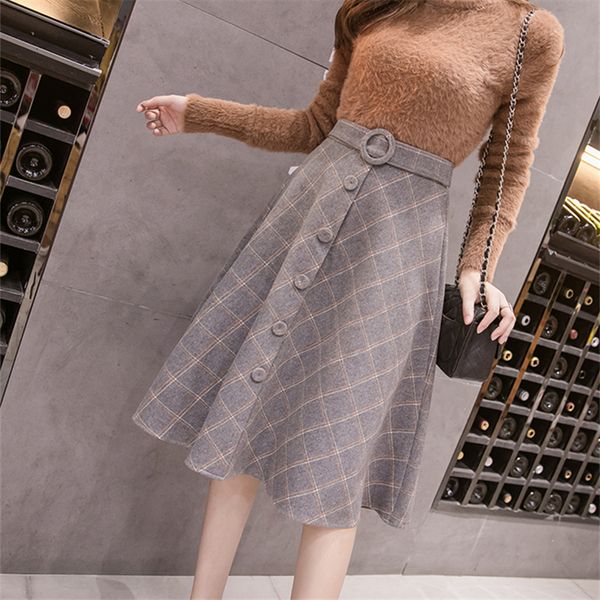 

neophil winter woolen plaid skirts women knee length ball gown button sashes high waist flare skirts england falda s9223 210303, Black