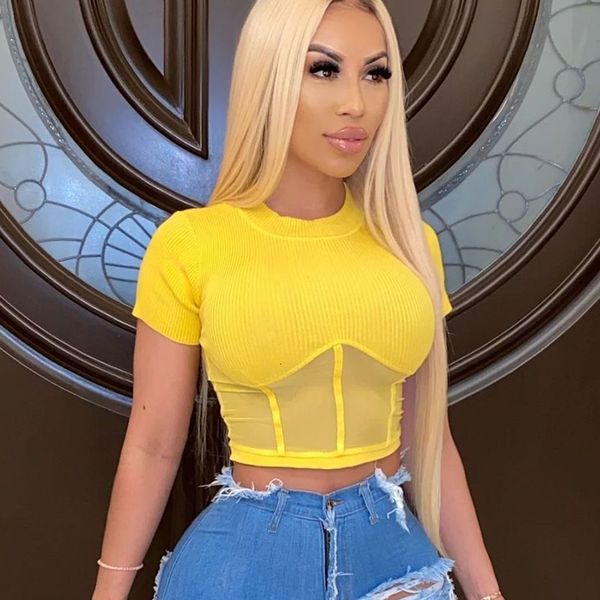 

new sheer mesh patchwork ribbed crop t shirt summer 2021 purple yellow short sleeve cropped tee tshirt woman streetwear c47 mvwa, White