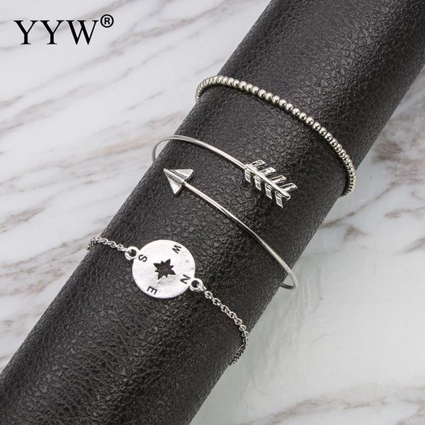 

charm bracelets yyw 3pcs/set bohemian hollow arrow compass beads chain silver multilayer bracelet women exquisite jewelry gift, Golden;silver