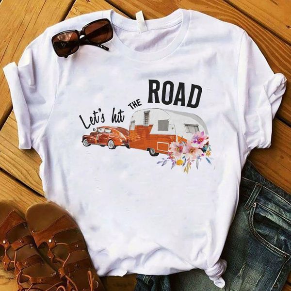 

lets hit road print womens short sleeve loose tee female clothes graphic, White
