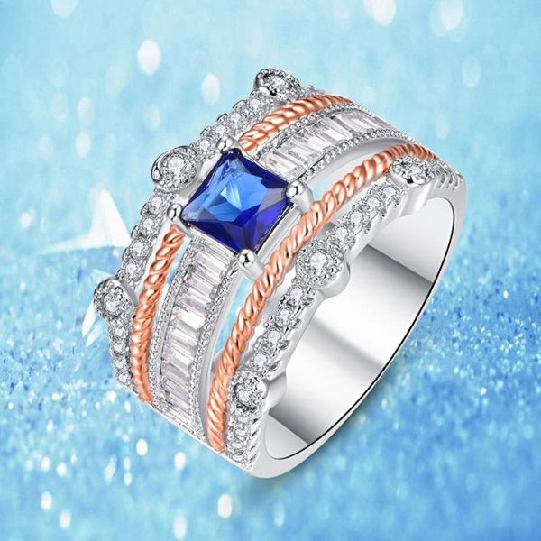 

cluster rings j.c princess cut sapphire quartz & white z 925 sterling silver rose gold ring size 6 7 8 9 women vintage party jewelry gif, Golden;silver