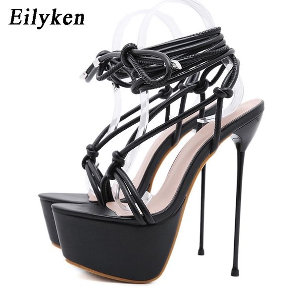 

eilyken new design narrow band cross-tied platform sandals summer fashion ankle lace-up thin high heels women's party shoes 210306, Black