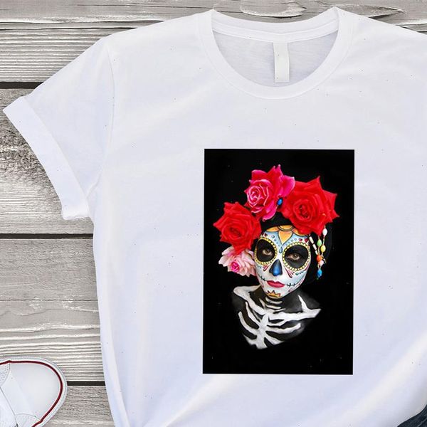 

women t shirt sell day of the dead clothing aesthetic print punk short sleeve fashion versatile streetwear tshirt, White