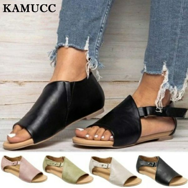 

summer women casual flat sandals fashion new ladies pu leather slip on peep toe low heel shoes roman beach shoes large plus size, Black