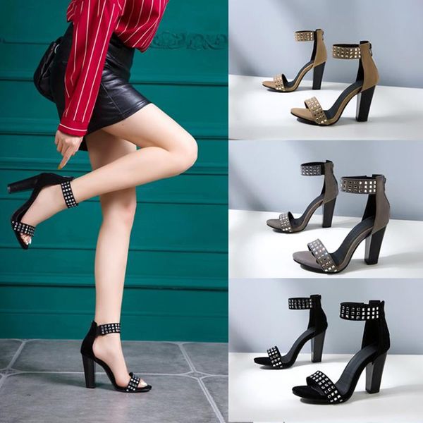 

dress shoes kolnoo handmade ladies chunky heels sandals rivets spikes summer open-toe large size party prom fashion evening daily, Black