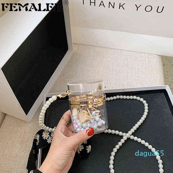 

mini transparent pearl chains handbag female new ins fashion pvc clear bucket tote bag women acrylic messenger bag coin purse