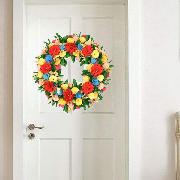 

14\" door wreaths, round artificial flower front door easter garland for spring summer all seasons round floral wreath for farmhouse ho