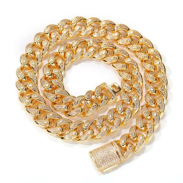 

new fashion hip hop jewelry 15mm eyes chain bracelets micro paved iced out cubic zirconia prong cuban chain luxury choker necklace punk part, Black