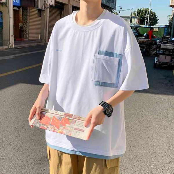 

summer vacation two piece short sleeve t-shirt men's pocket loose ins versatile trend round neck stitched 5-sleeve top, White;black