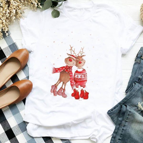 

women lady cartoon deer love cute 90s style cute tree 90s merry christmas tshirt female graphic clothes shirt t tee t-shirt, White