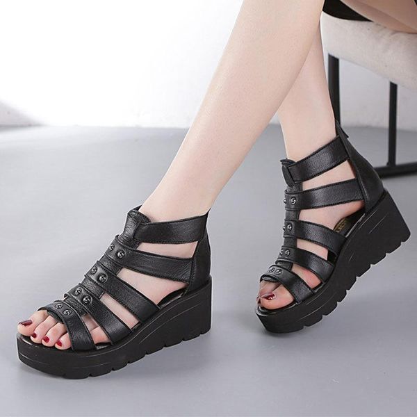 

sandals thick bottom female all-match fish mouth sandals 2021 summer leather heel muffin female flat bottom, Black