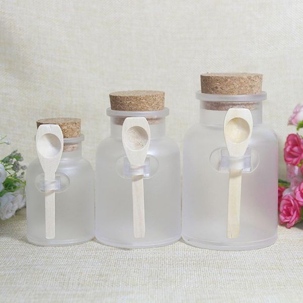 

100g 200g 300g matte plastic bath salt jars abs round bottle containers with cork sers spoon jars mask cream frosted