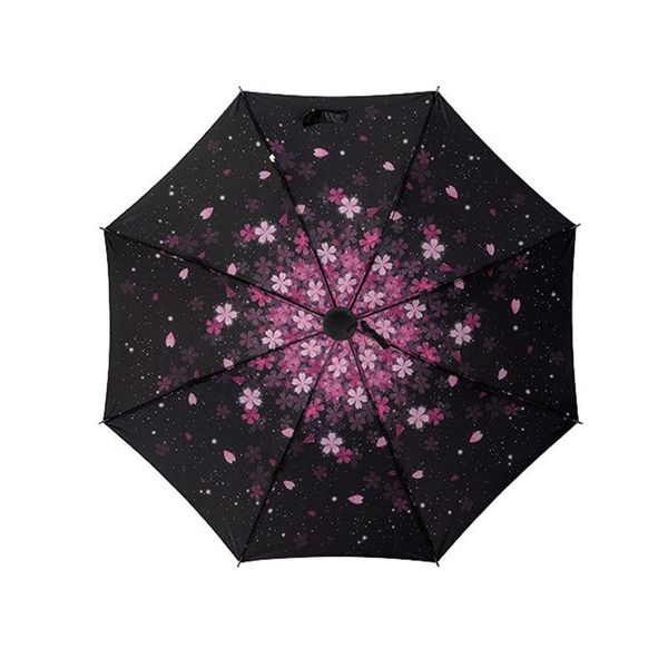 

umbrellas cherry blossoms lady three folding black coating compact female male windproof anti-uv 8k parasol