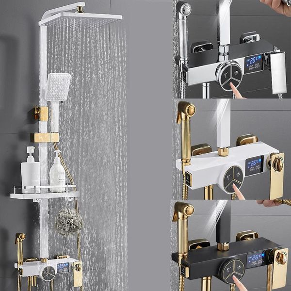 

bathroom shower sets black display thermostatic faucet set rainfall bathtub tap with shelf water flow produces electricity