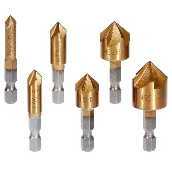 

professional drill bits vastar 6 pcs countersink bit set 1/4'' hex shank hss 5 flute 90 degree wood chamfering cutter chamfer 6mm-