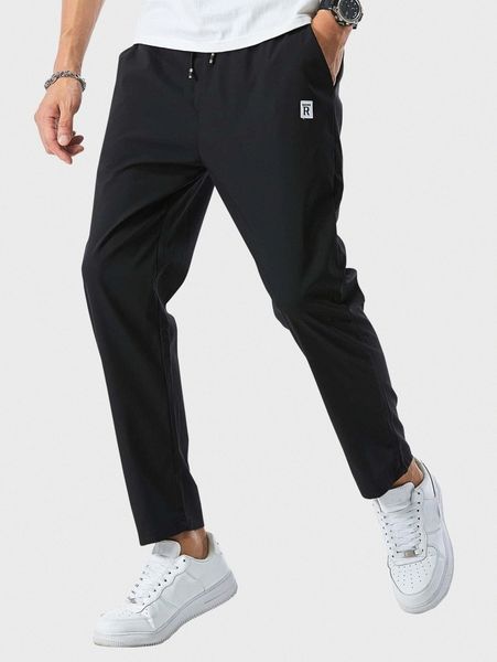 

men patched slant pocket drawstring pants m15u#, Black