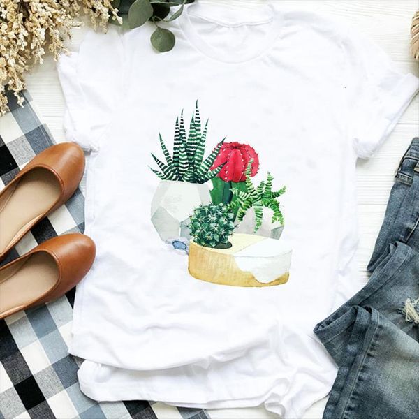 

plant cactus cute flower 90s women t shirts clothing tee clothes graphic, White
