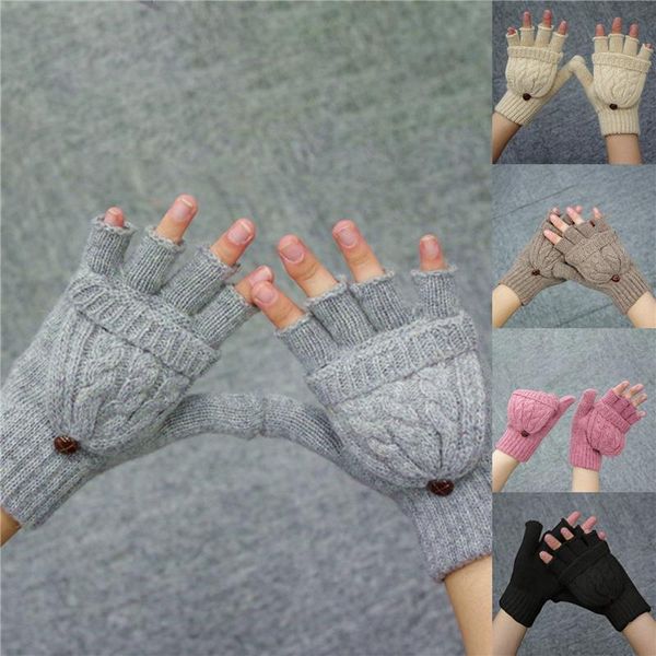 

five fingers gloves 1 pair women hand warmer flip gift soft half finger mittens knitted thicken artificial wool thermal autumn winter, Blue;gray
