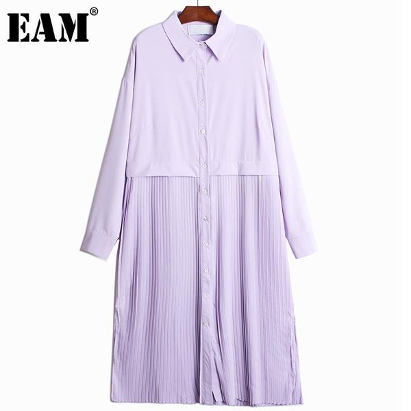 

casual dresses [eam] women yellow spliced pleated mid-calf shirt dress lapel long sleeve loose fit fashion tide spring autumn 2021 1dd8235, Black;gray
